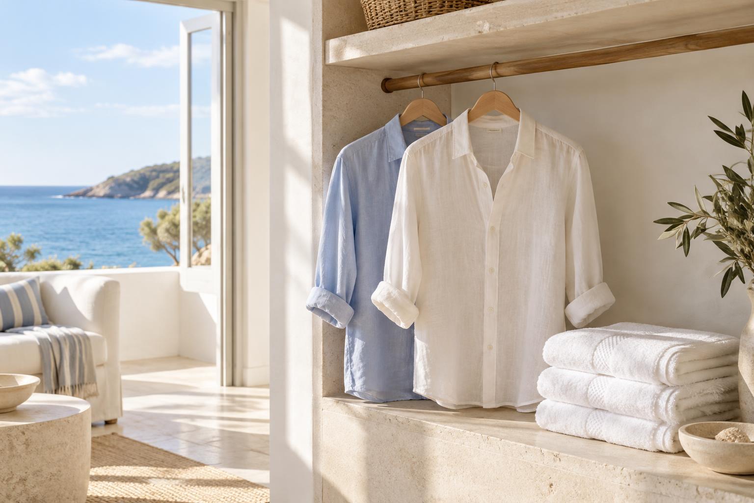 Linen shirts and folded towels in a coastal home