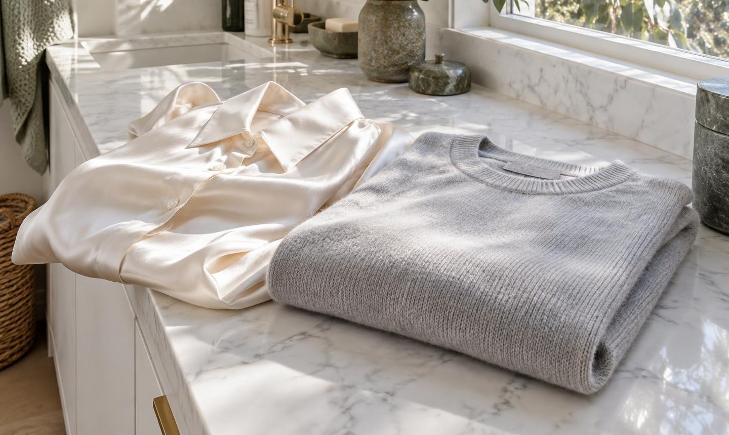 A cream silk shirt and a folded grey cashmere sweater on a sunlit marble counter