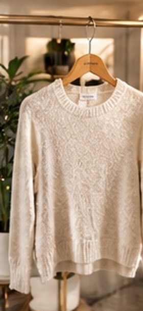 A cream cashmere sweater on a wooden hanger
