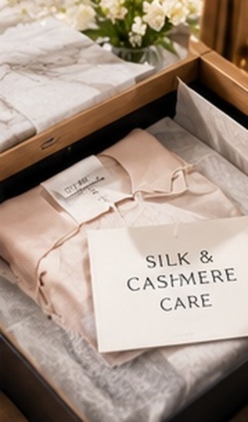 Silk and cashmere folded in a care box with a Silk and Cashmere Care card