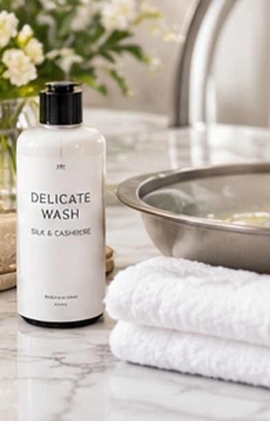 A delicate wash for silk and cashmere beside folded white towels