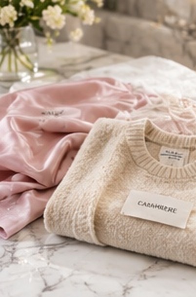 A pink silk garment and a cream cashmere sweater with a care label