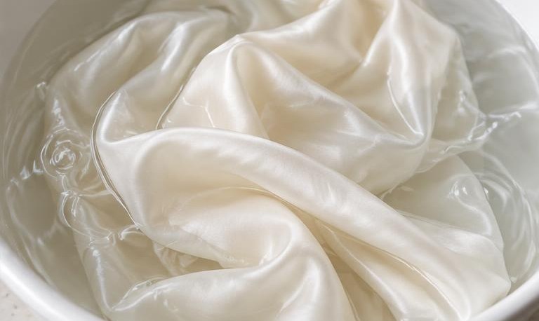A cream silk garment floating in clear water in a white basin