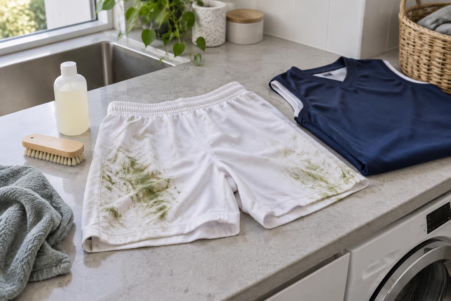 Grass-stained white footy shorts beside a soft brush and stain treatment on a stone laundry counter