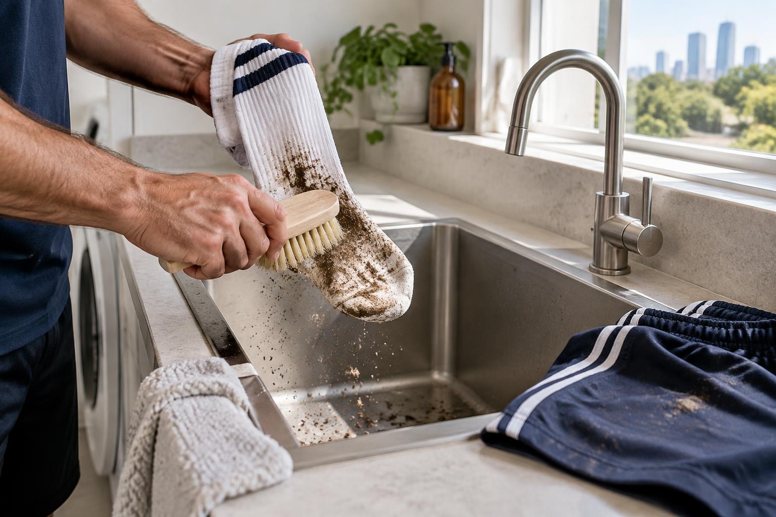 Loose dried mud being gently brushed from a white football sock over a laundry sink