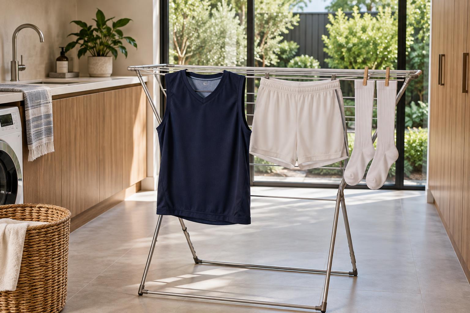 Clean footy guernsey, shorts and socks air drying on a rack in an airy Melbourne-style laundry