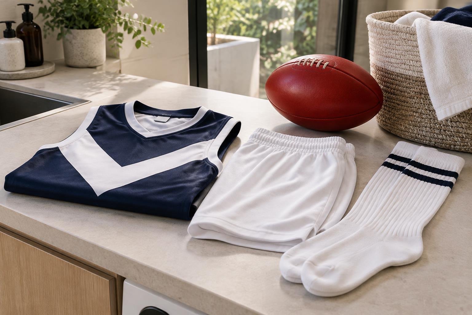 Freshly folded navy and white guernsey, clean shorts and football socks ready for the next round