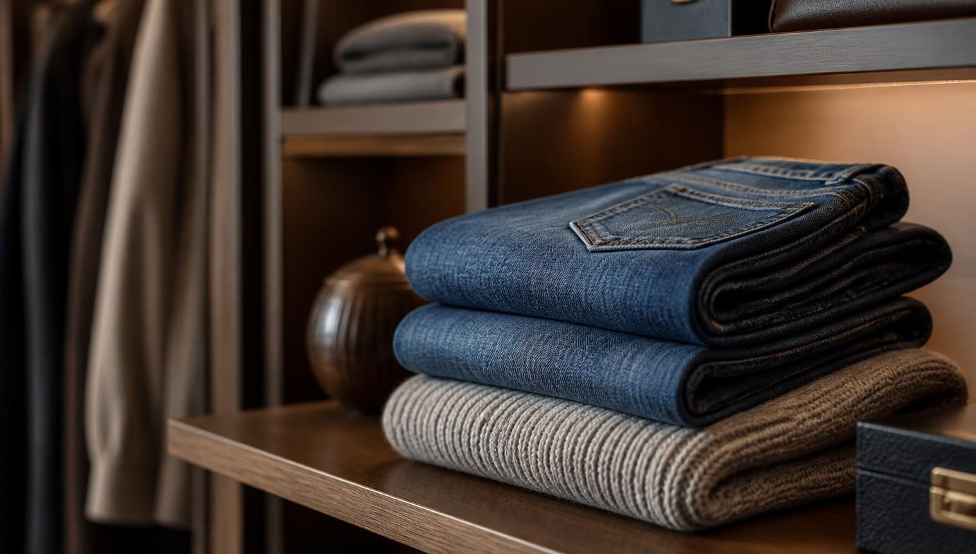 Folded denim jeans and a knit jumper on a wardrobe shelf