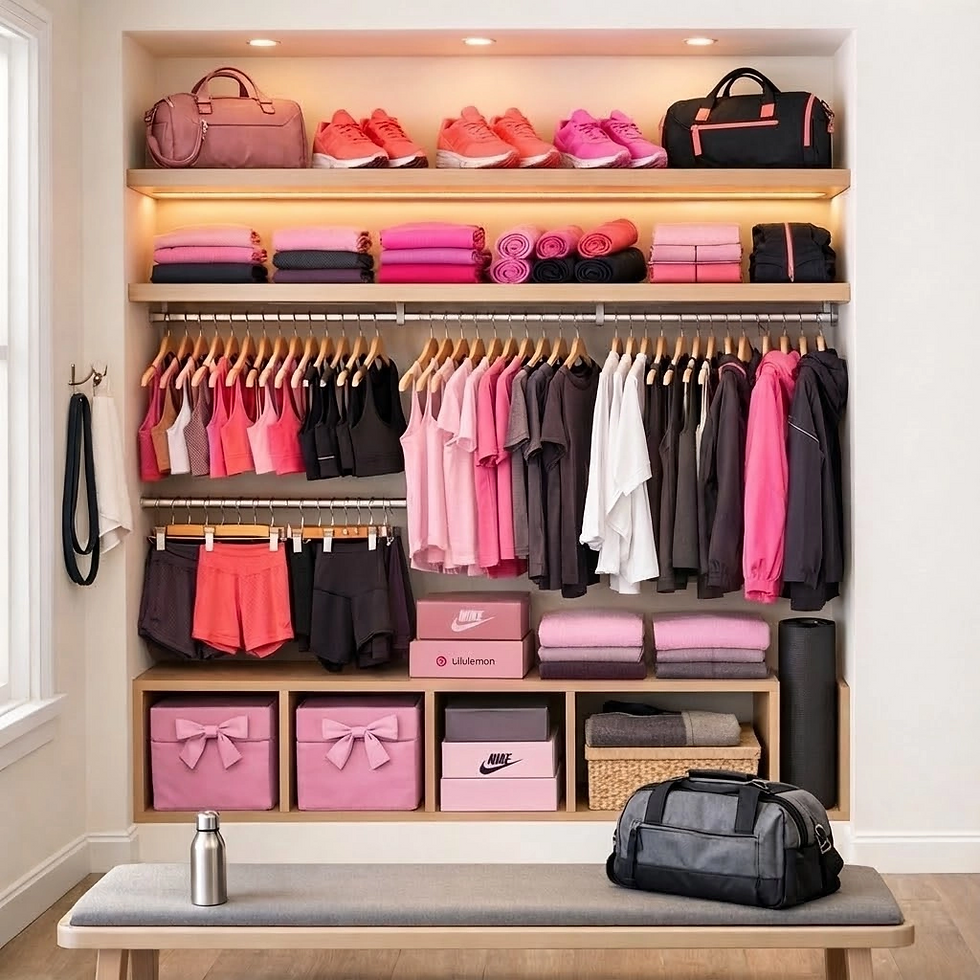 Refined activewear wardrobe with coordinated technical garments stored neatly