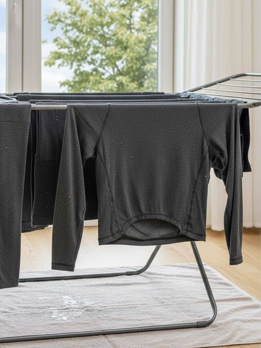 Technical activewear drying indoors on a rack with careful support and airflow