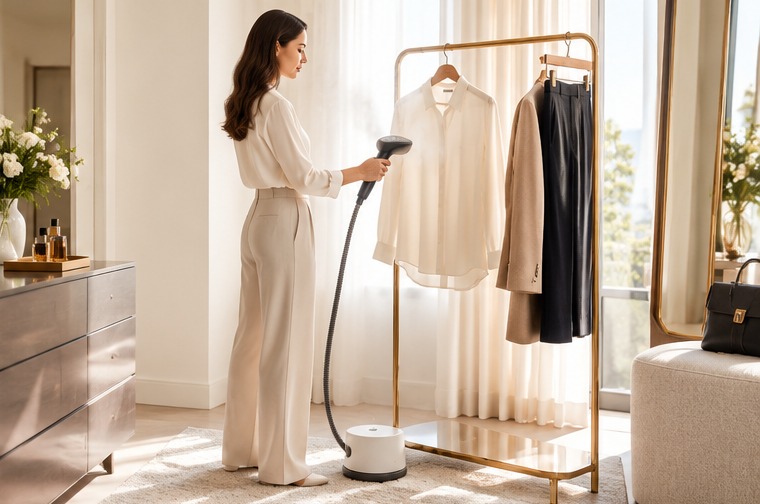 Premium navy workwear being gently steamed in an elegant wardrobe