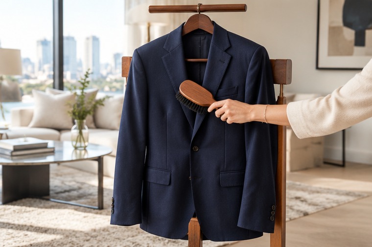 Premium garments organised in a refined wardrobe