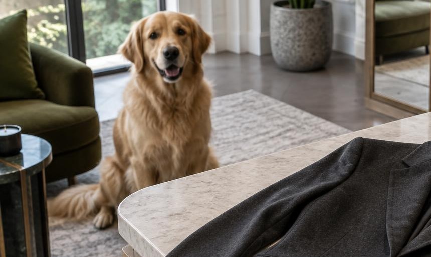 A golden retriever sitting in a bright, elegant living room