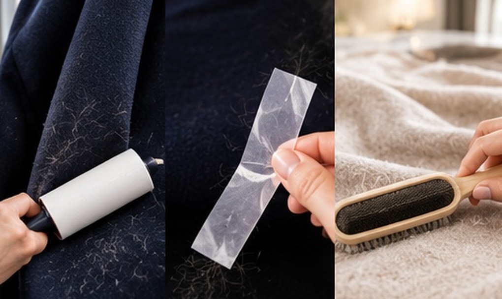 A lint roller, lint tape and clothes brush being used on dark knitwear