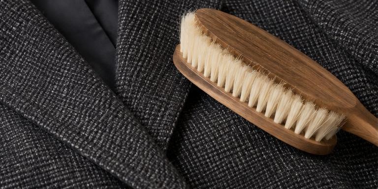 A dark tweed jacket lapel with a natural-bristle clothes brush