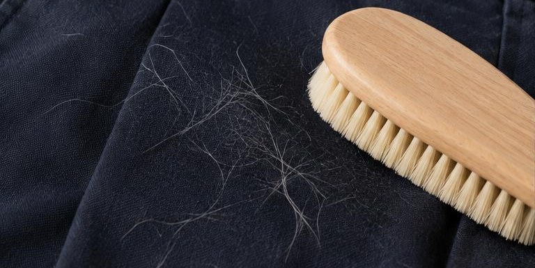 Fine strands of pet hair on navy cotton trousers beside a soft brush