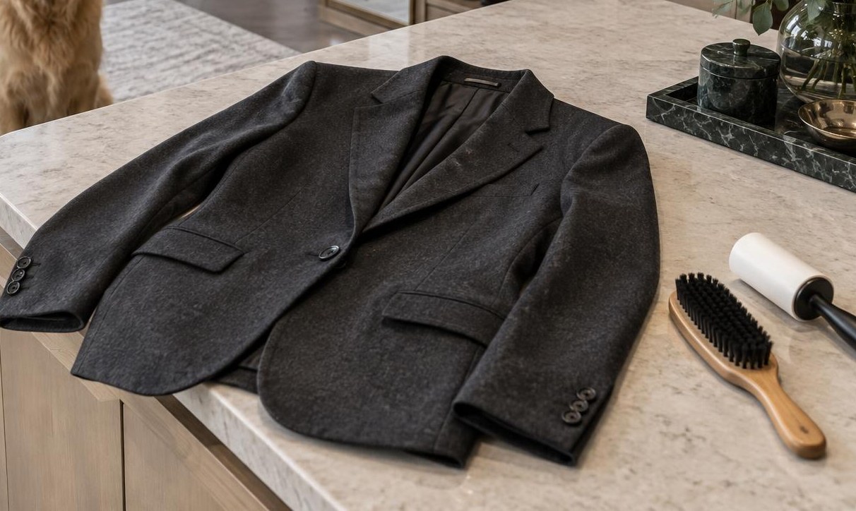 A charcoal wool blazer on a marble surface beside a clothes brush and lint roller