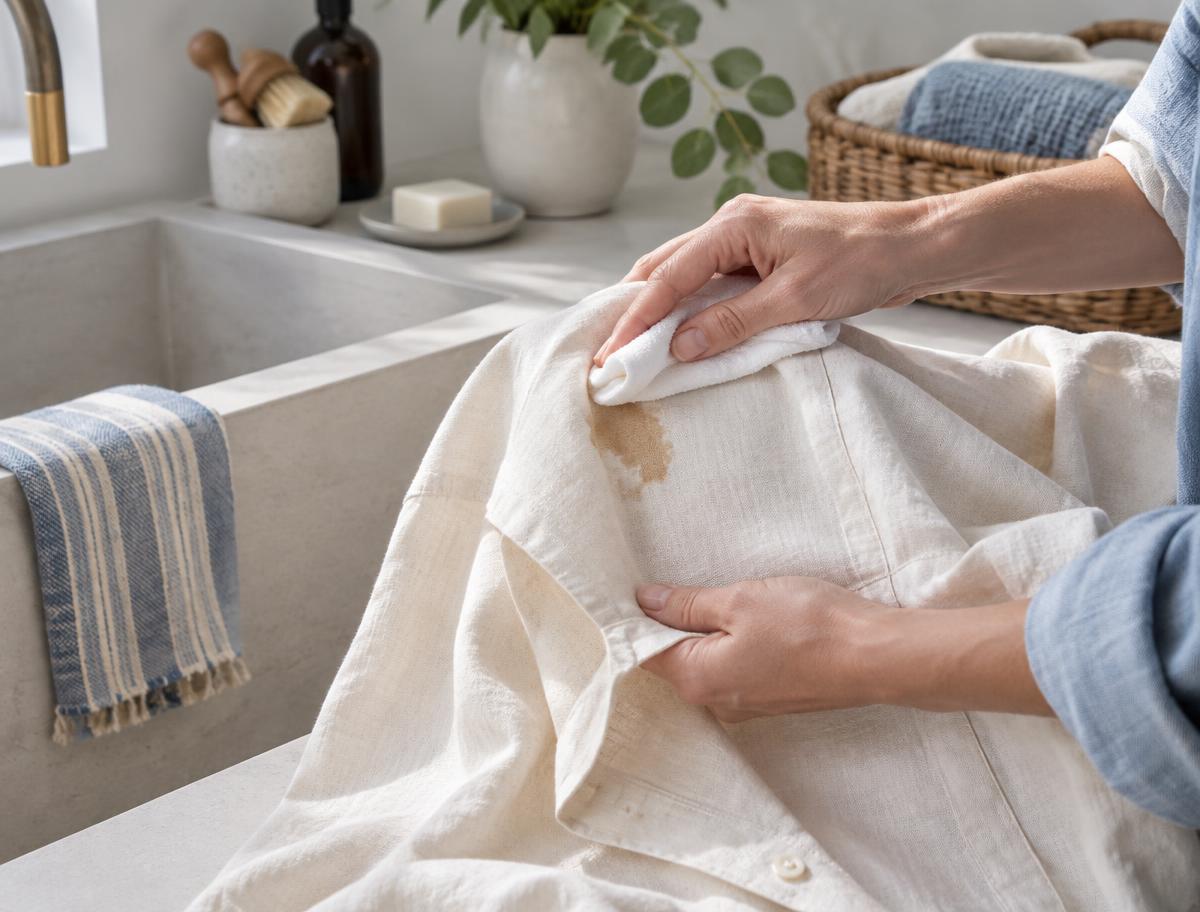 Hands blotting a brown stain on a cream linen shirt with a folded white cloth beside a stone sink