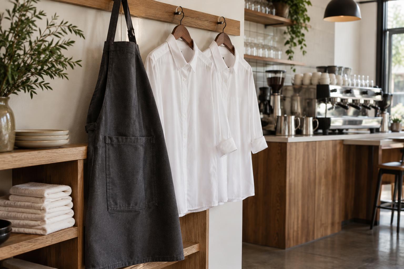 Pressed charcoal apron and white work shirts in a refined Melbourne-style café
