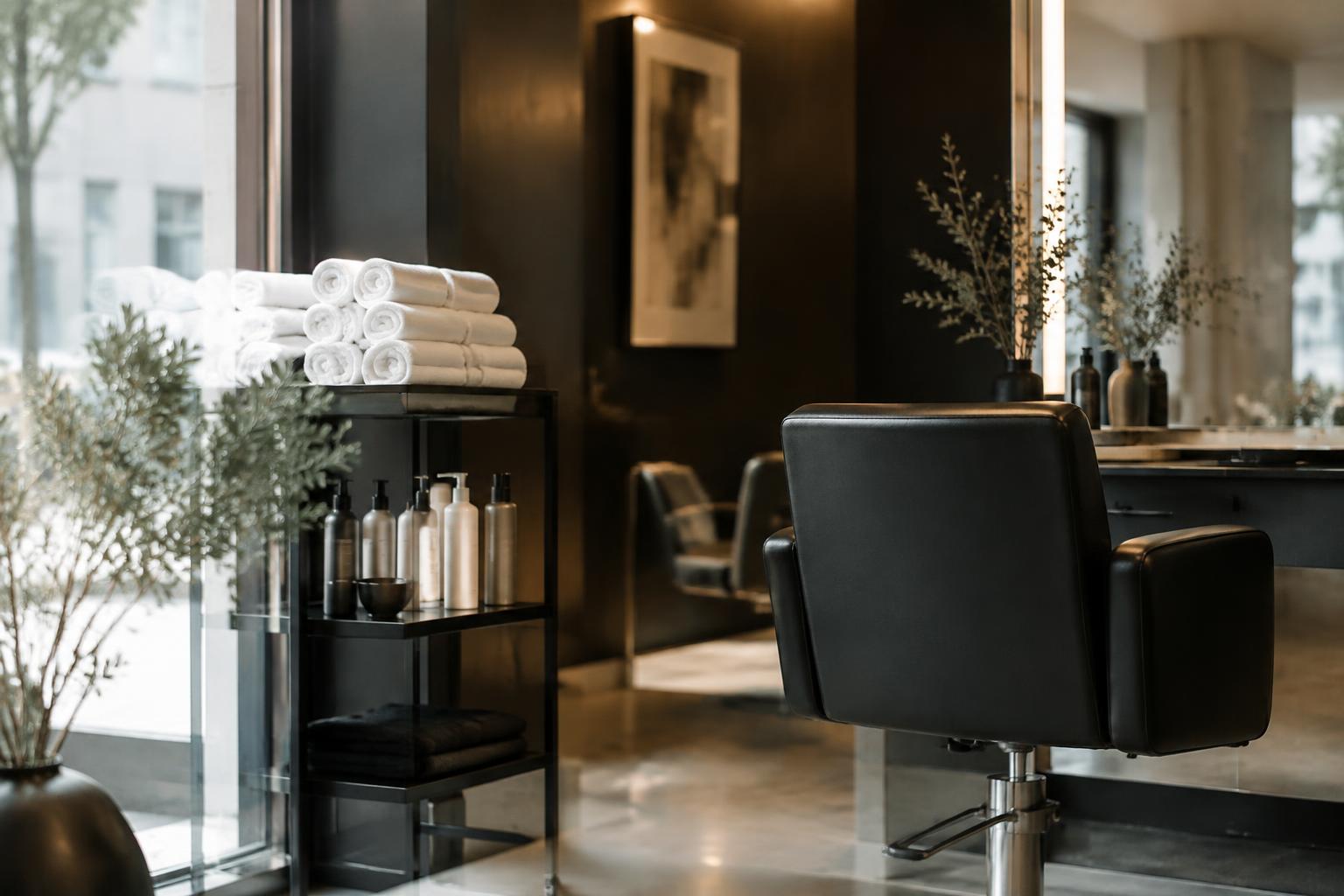 Neatly stacked fresh white towels beside a styling chair in an elegant Melbourne salon