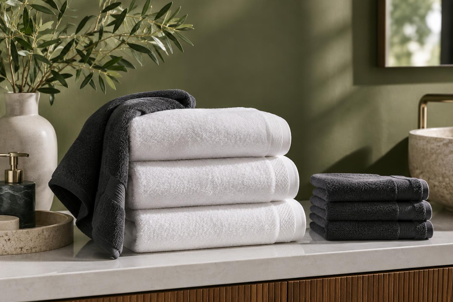 Fresh white and charcoal towels neatly stacked in an elegant wellness studio