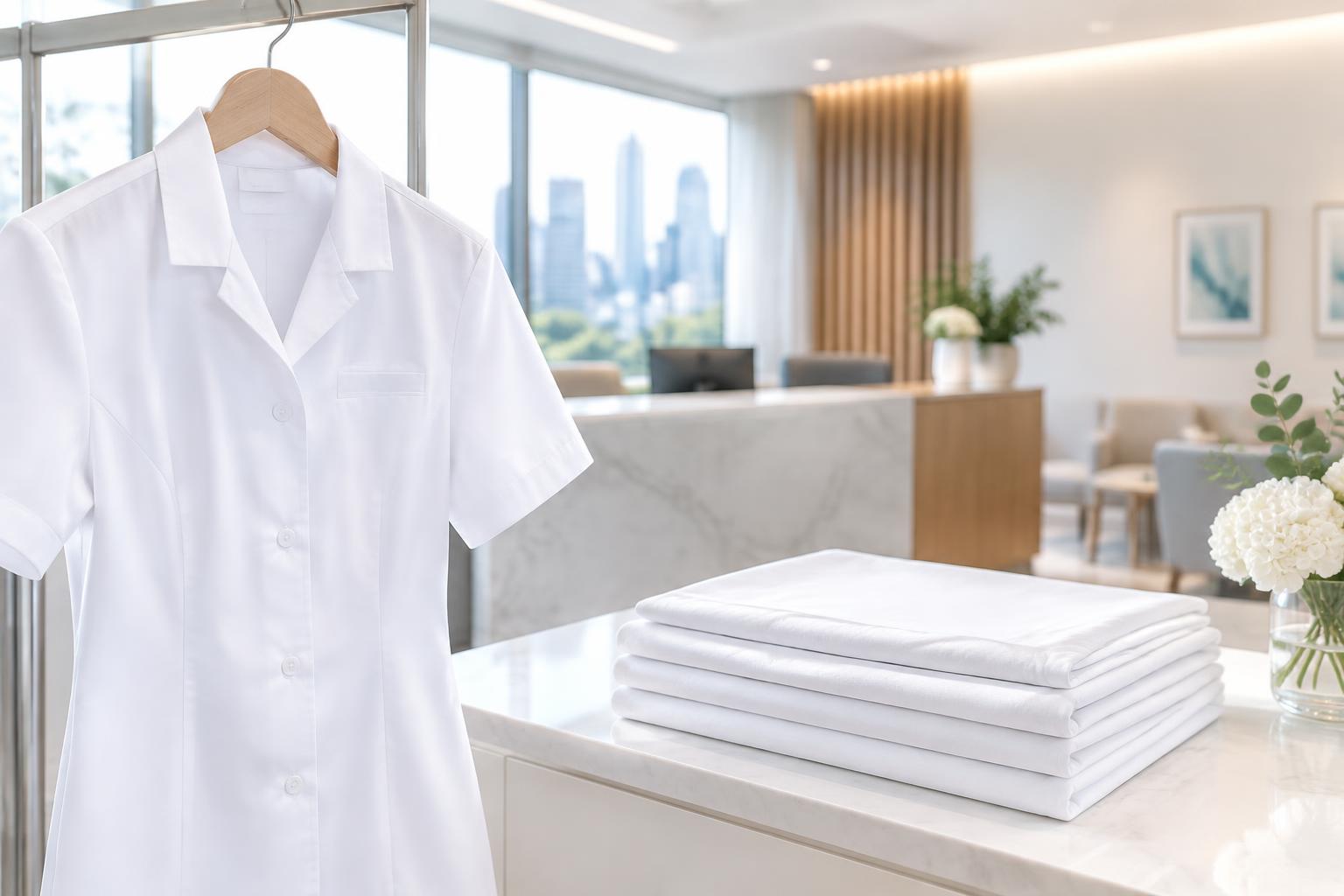 Pressed white clinic workwear and neatly folded linen in a modern Melbourne clinic reception
