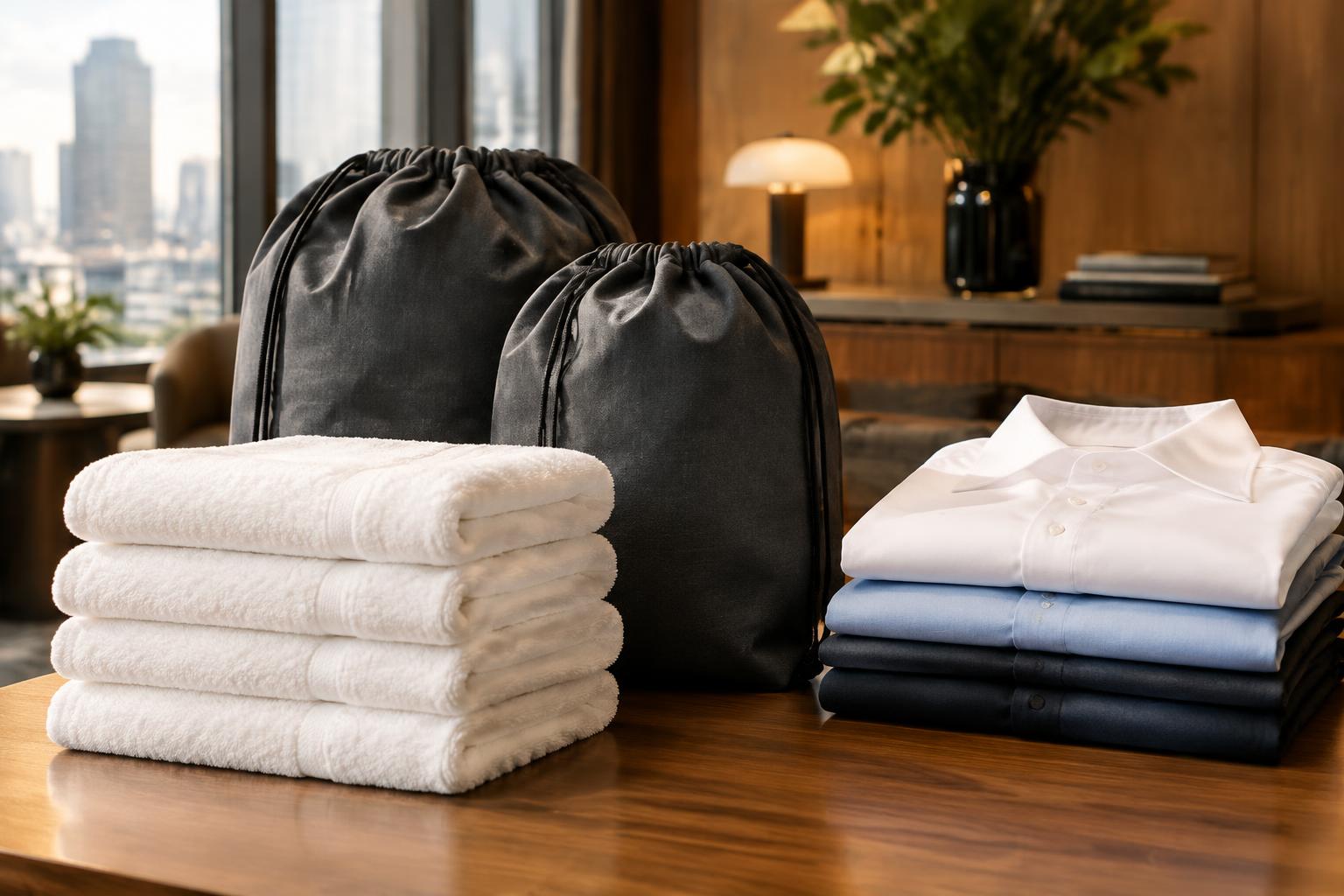 Charcoal laundry bags with freshly laundered towels and pressed workwear ready for collection in an elegant Melbourne business