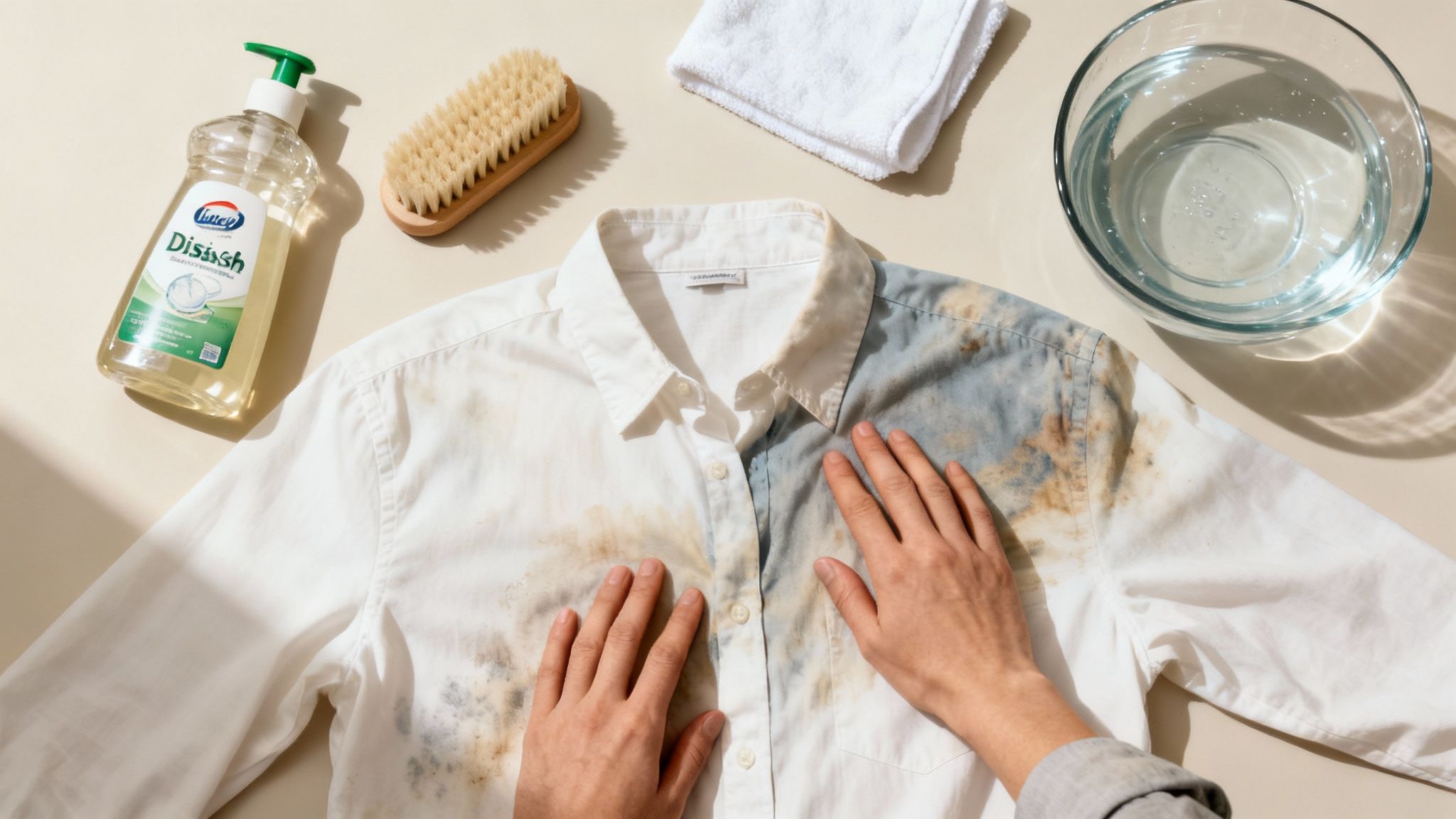 Sunscreen stain treatment on a white button-up shirt