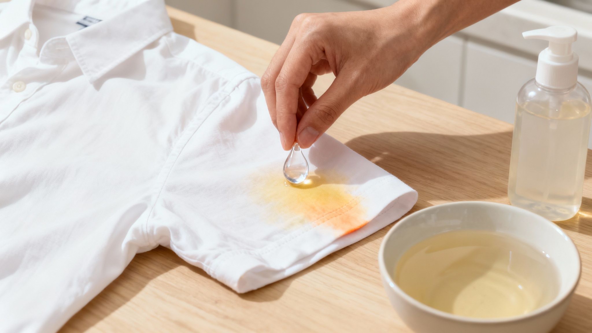 Liquid treatment applied to a sunscreen stain on white fabric