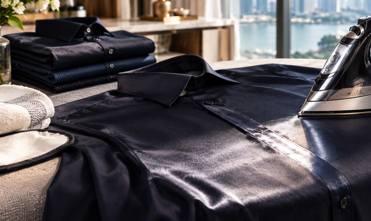 Folded navy shirts and a navy shirt with a glossy sheen on an ironing board
