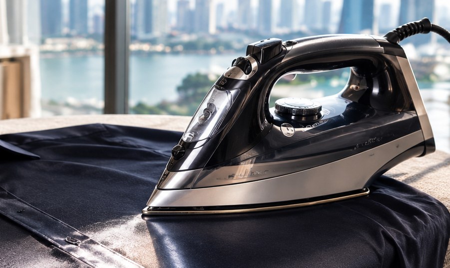 A steam iron resting on a navy shirt on an ironing board