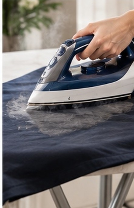 A hand ironing a navy garment on an ironing board with steam rising
