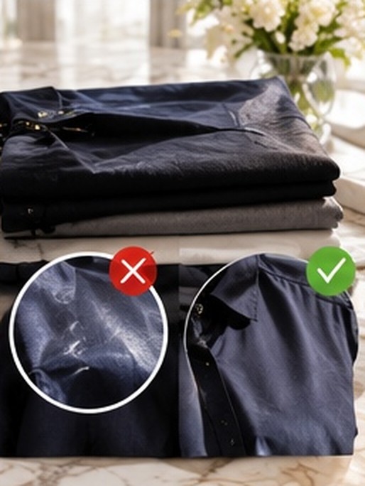 Two folded dark garments: a shiny iron mark marked with a cross beside a clean finish marked with a tick